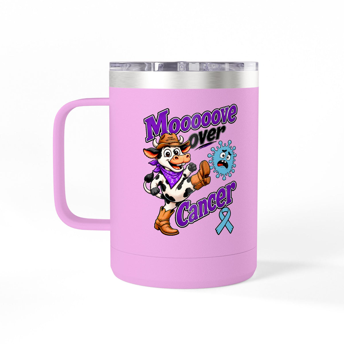 Pink Moooove Over Cancer mug with light blue Prostate Cancer awareness ribbon