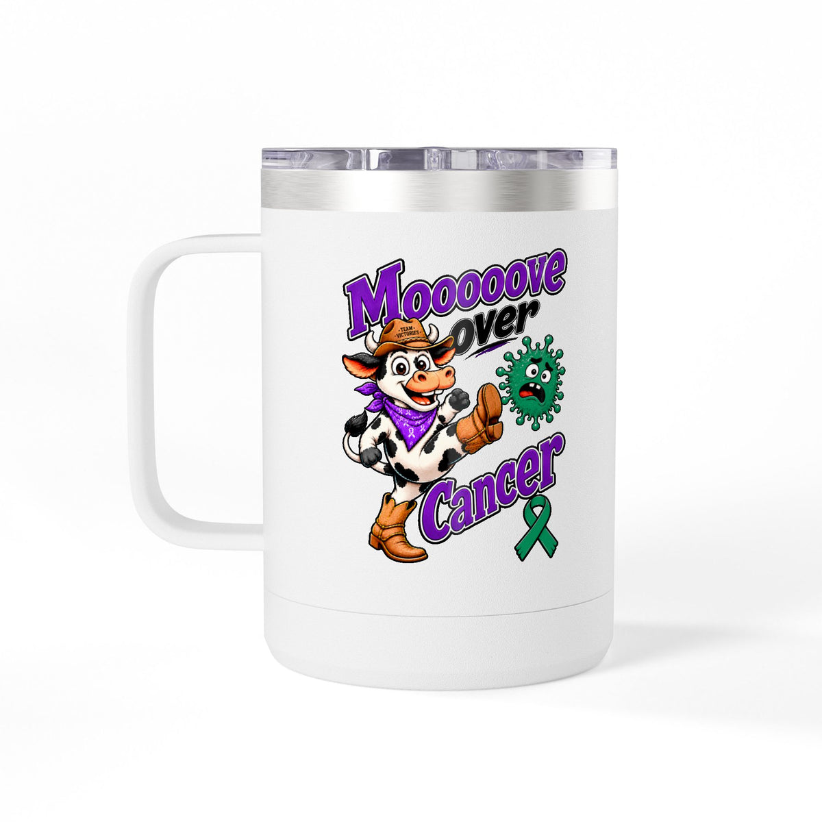 Moooove Over Cancer 15 oz mug with cow design and green Liver Cancer awareness ribbon