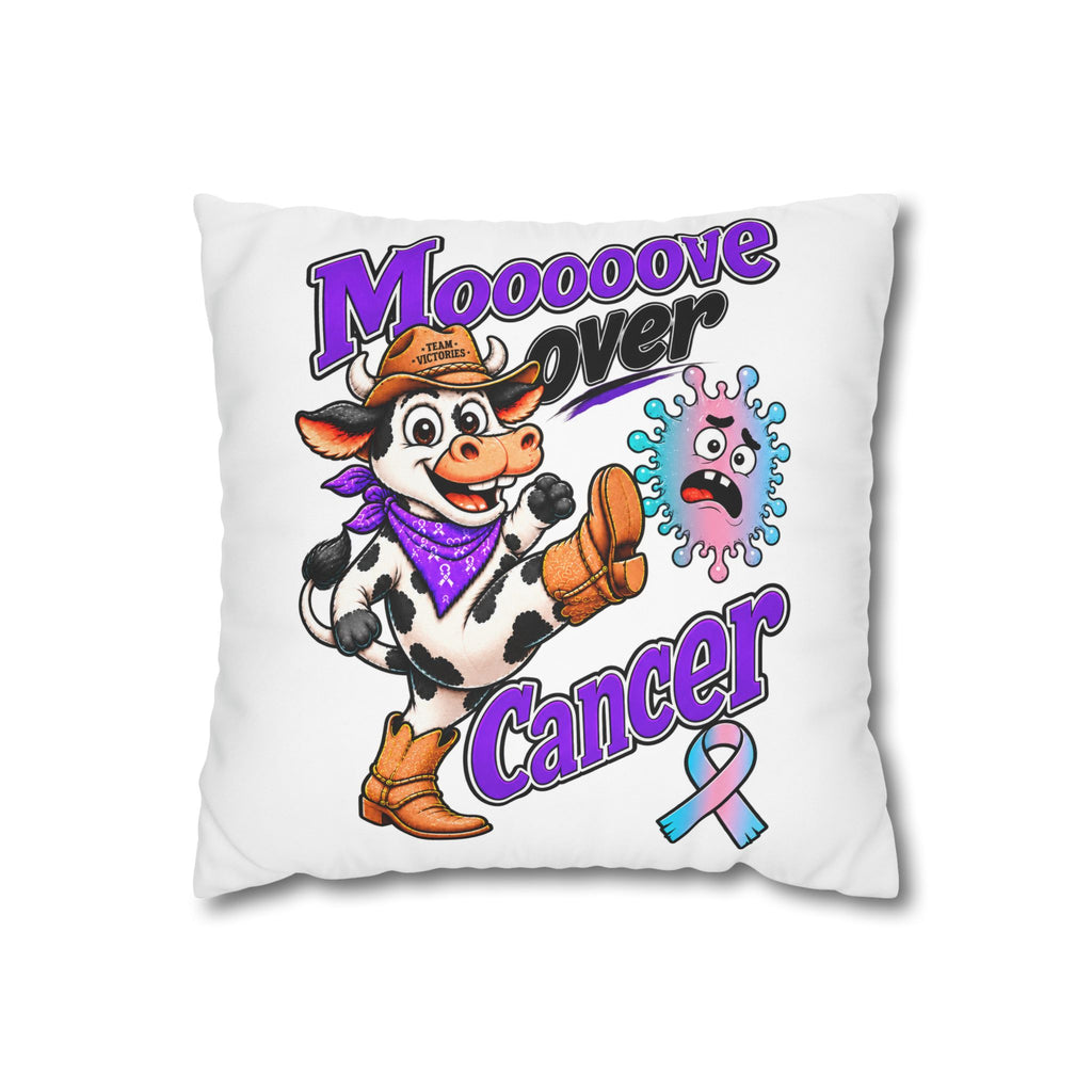 Moooove Over Cancer pillow cover with a Western cow, pink-and-blue ribbon, and bold lettering