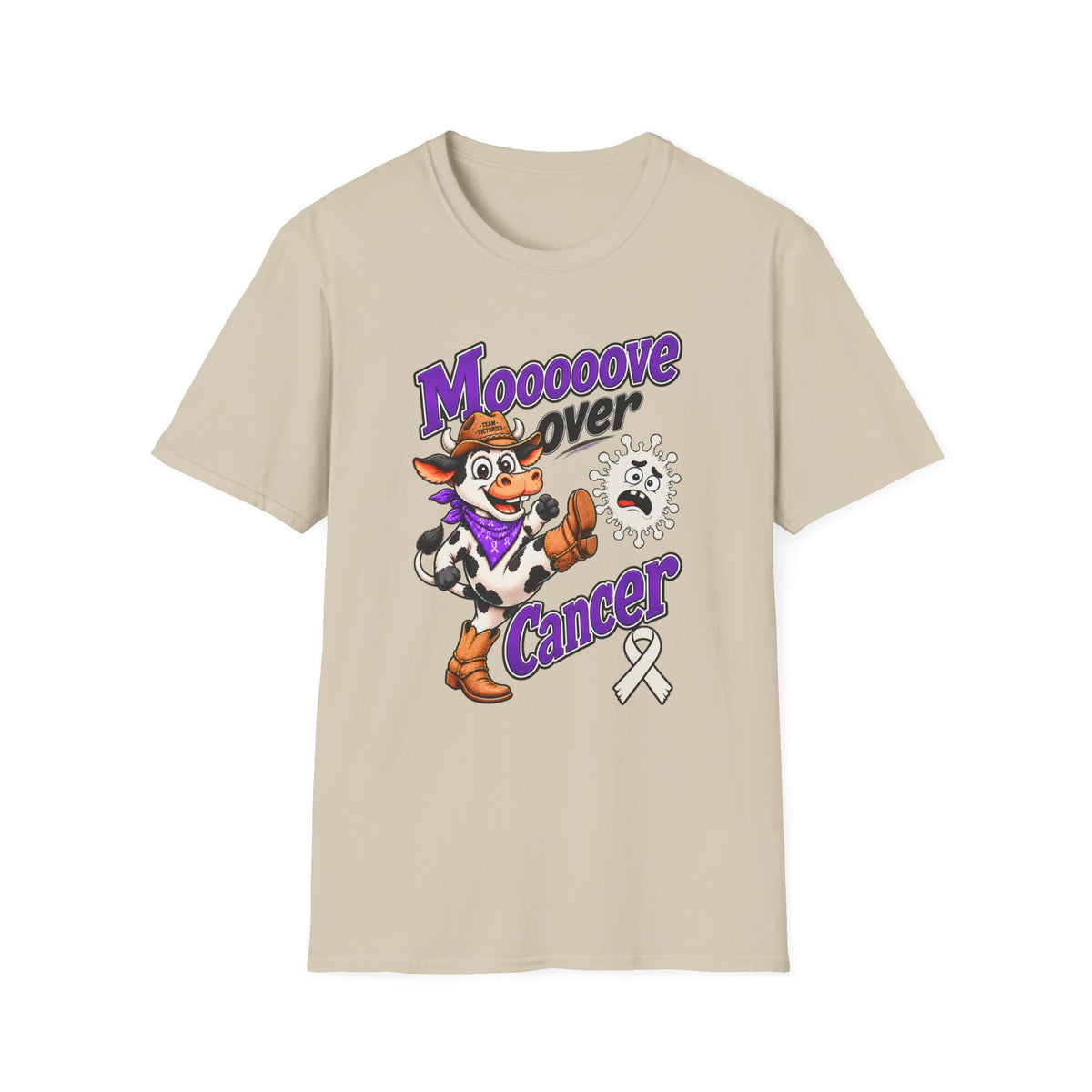 Tan Moooove Over Cancer T-shirt with Western cow design and Lung Cancer awareness ribbon