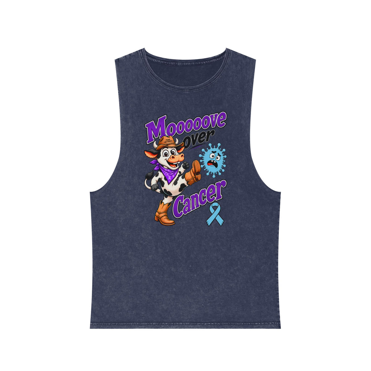 Blue-toned Moooove Over Cancer tank top featuring a Prostate Cancer awareness ribbon graphic