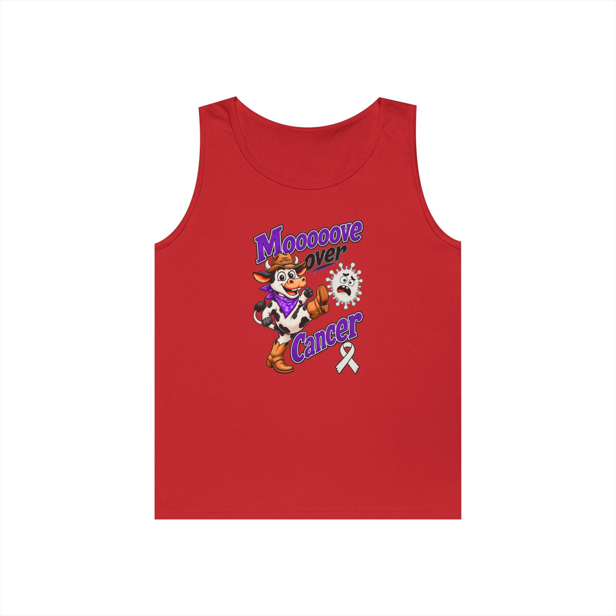 Moooove Over Cancer tank top with Lung Cancer awareness ribbon in red