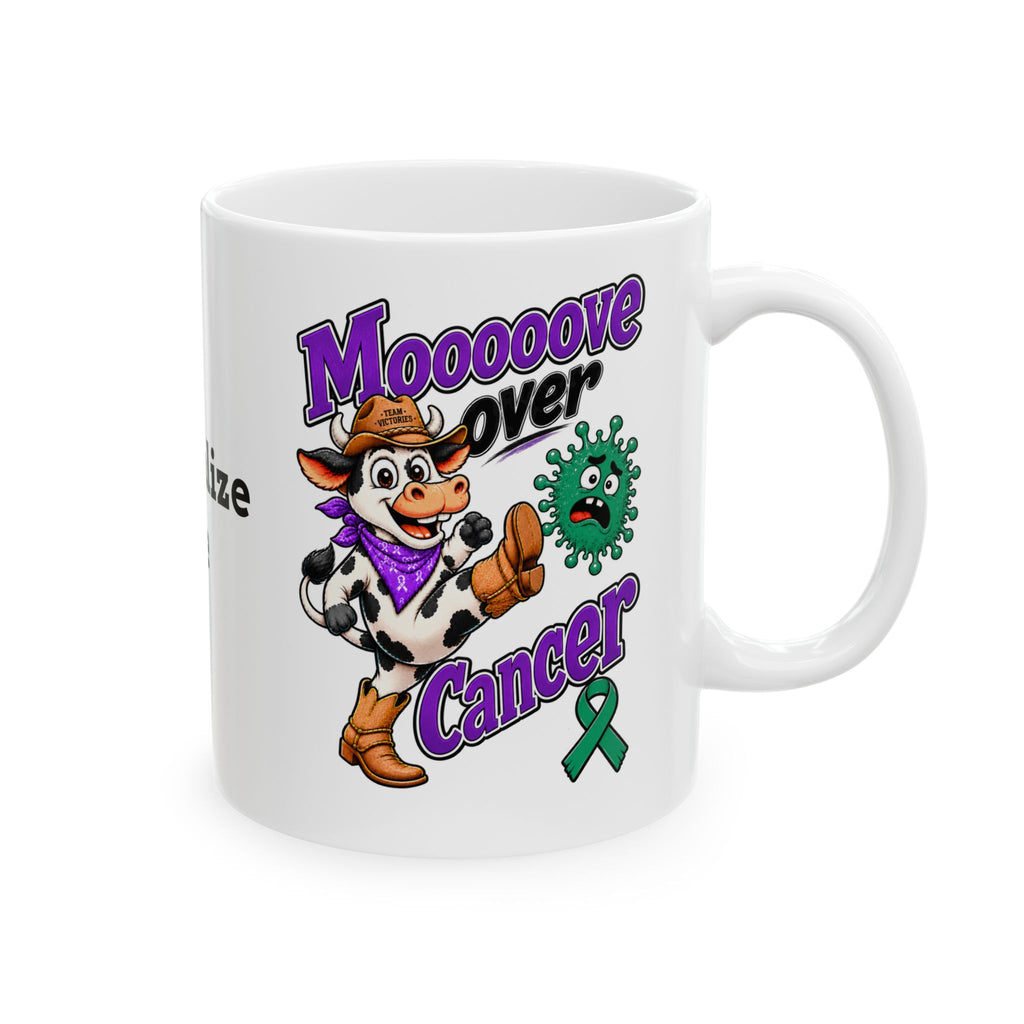 Moooove Over Cancer ceramic mug with cow artwork and Liver Cancer awareness ribbon