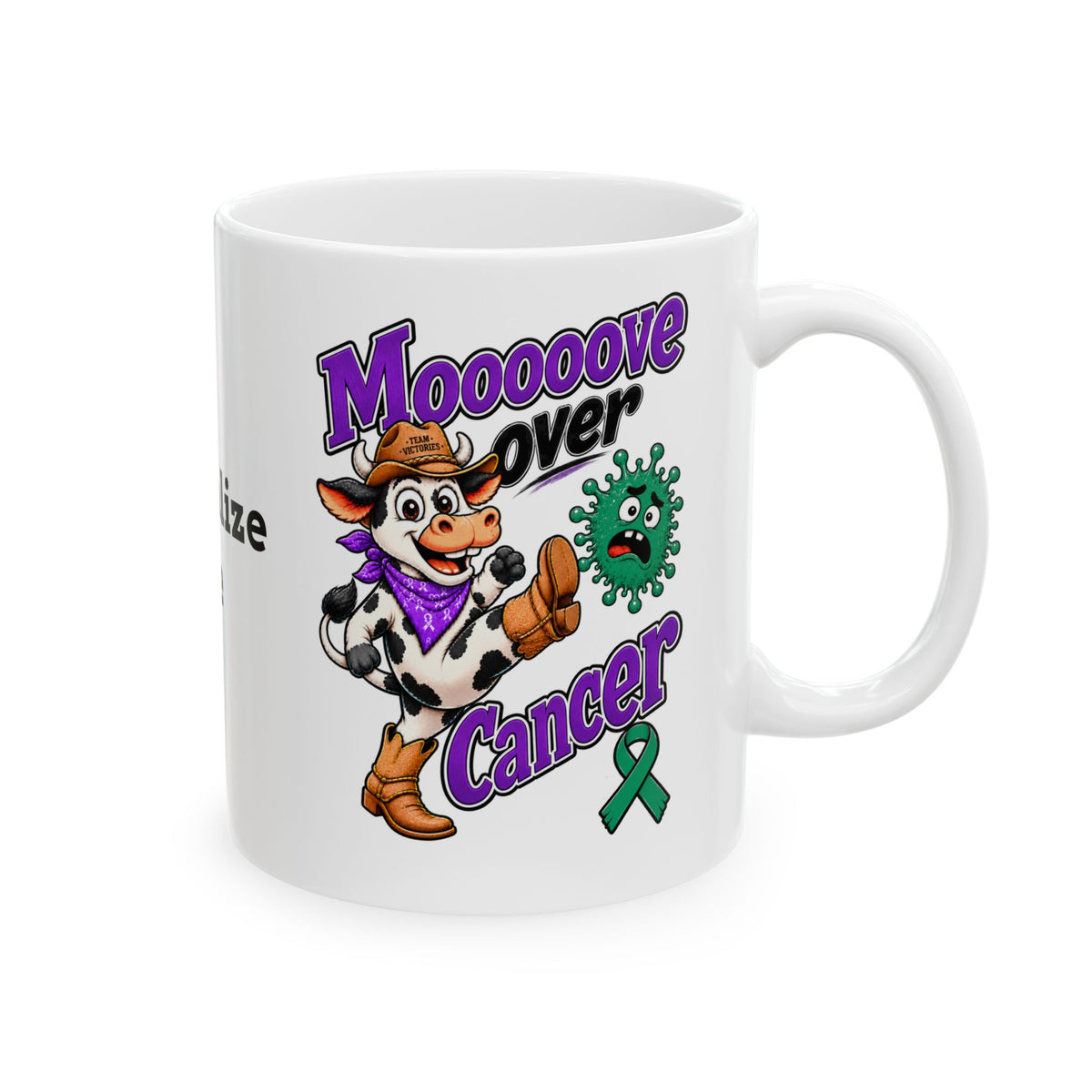 Moooove Over Cancer ceramic mug with cow artwork and Liver Cancer awareness ribbon