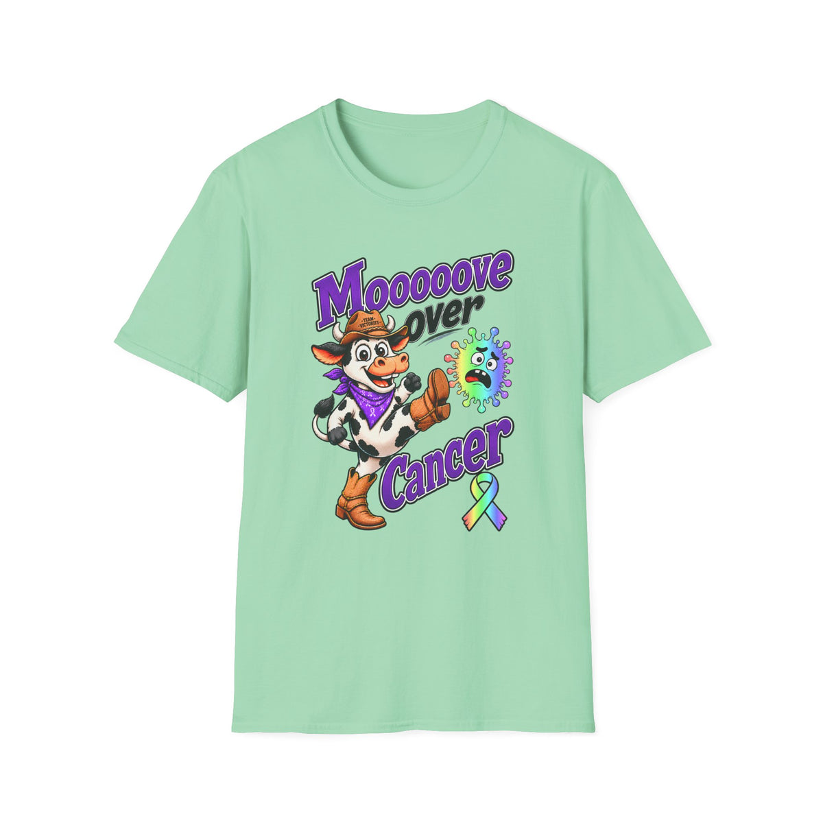 Moooove Over Cancer T-shirt in mint green with cow artwork