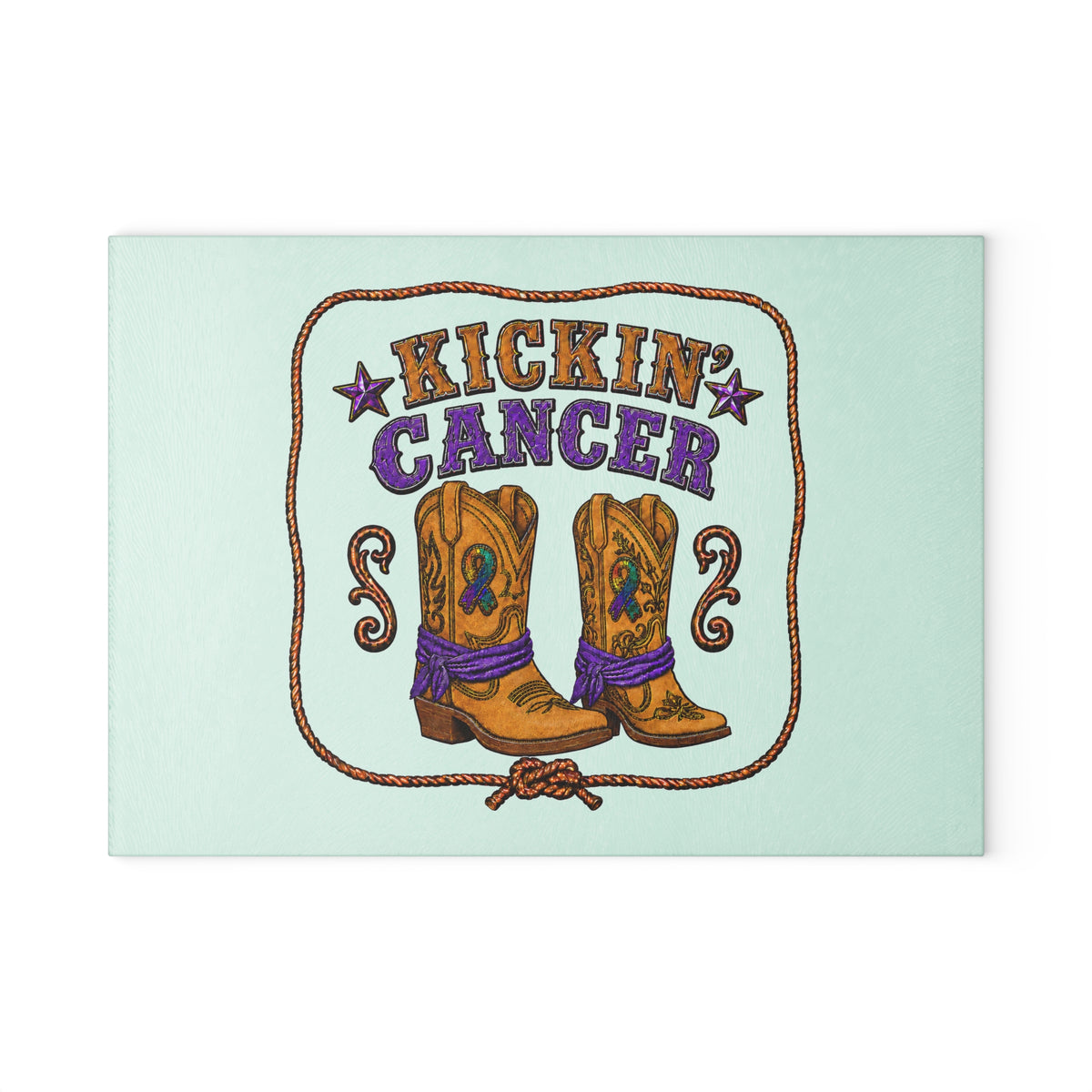 Rectangular Kickin' Cancer tempered glass cutting board shown on a white background