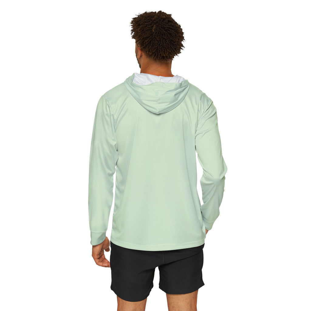 Back view of a light green Team Victories hoodie showing the hood and long sleeves