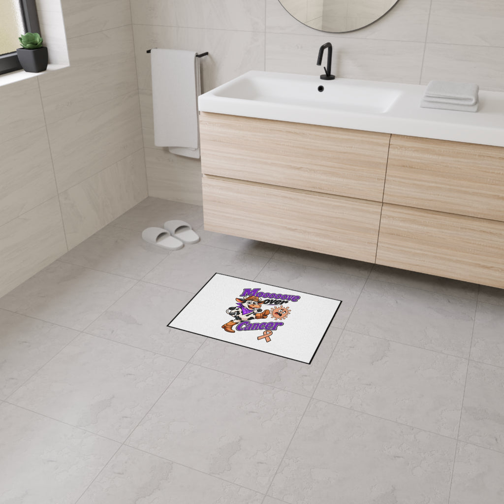 Moooove Over Cancer rug in a bathroom setting, featuring a Western-inspired cow illustration