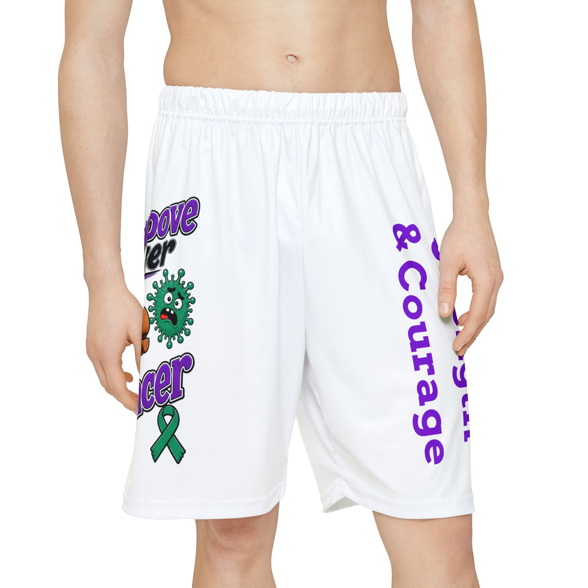 Front view of Moooove Over Cancer athletic shorts with green ribbon and purple Strength & Courage design