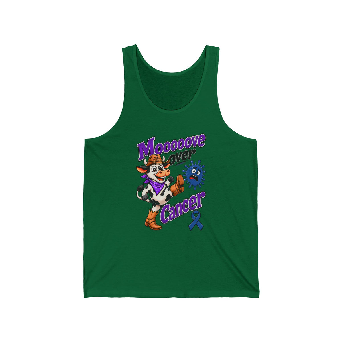 Dark green Moooove Over Cancer tank top featuring a Colon Cancer awareness ribbon