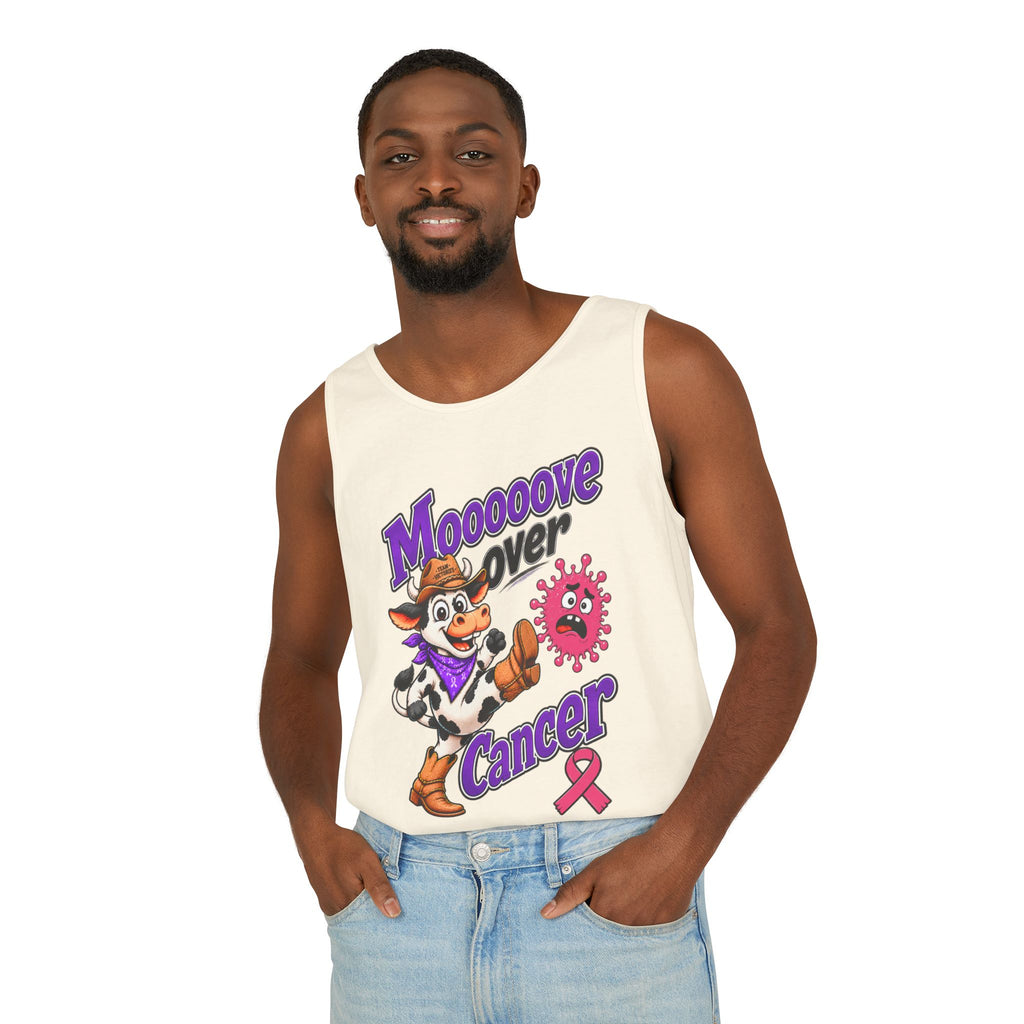 Woman wearing yellow Moooove Over Cancer tank top with Breast Cancer awareness ribbon