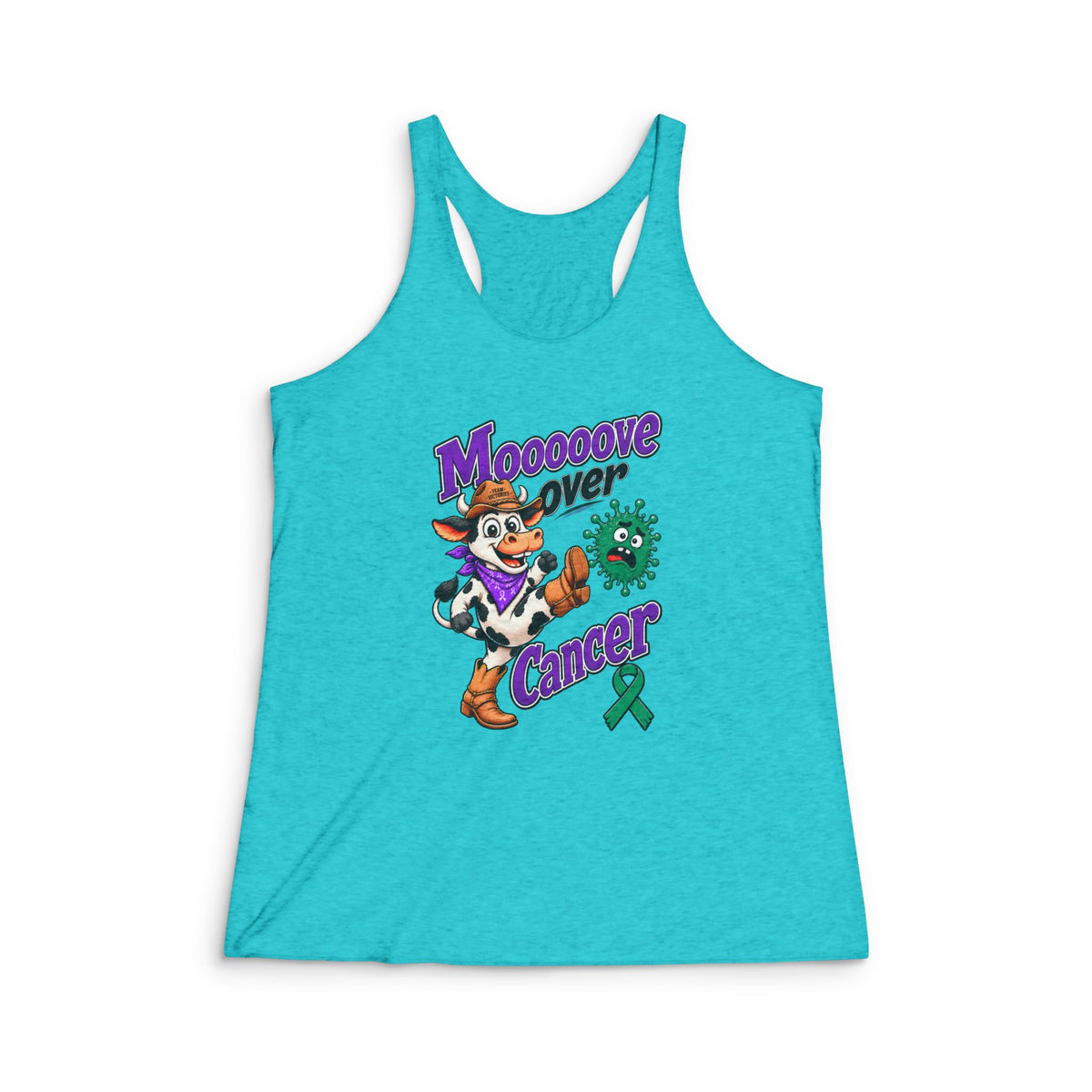 Moooove Over Cancer racerback tank top with green Liver Cancer awareness ribbon on a turquoise tank