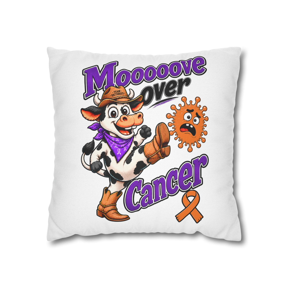 Front view of Moooove Over Cancer pillowcase with playful cow and leukemia/kidney cancer awareness ribbon