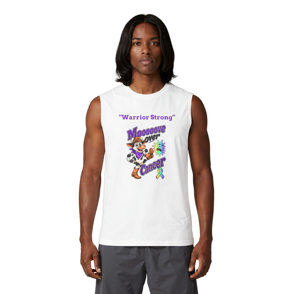 Model wearing the Moooove Over Cancer Warrior Strong all-cancer awareness tank top