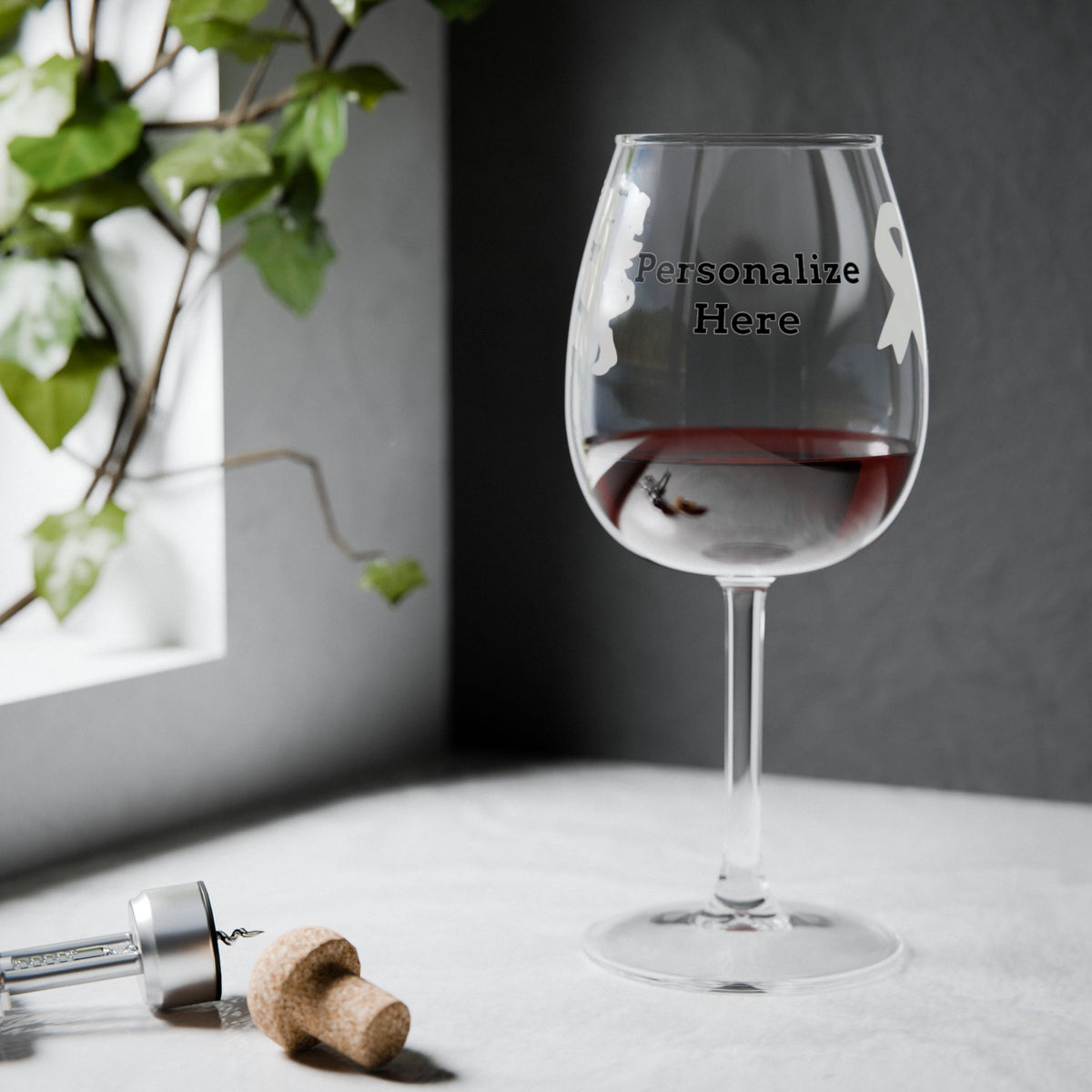Moooove Over Cancer wine glass with custom personalization option, styled with red wine
