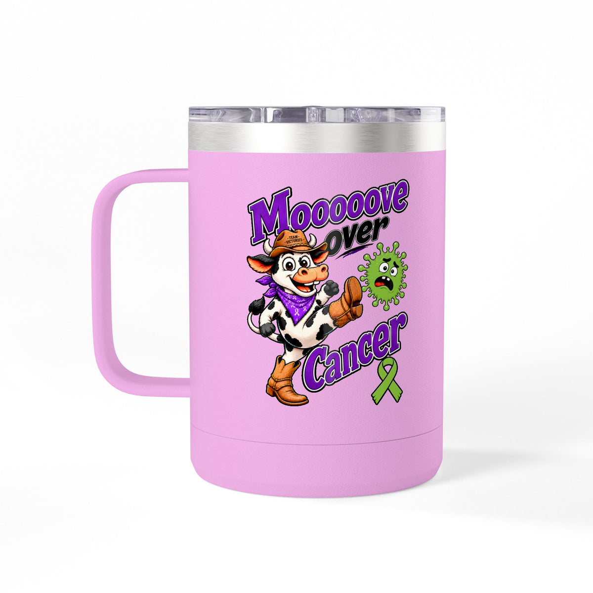 Pink Moooove Over Cancer insulated mug with Non-Hodgkin/Lymphoma Cancer awareness ribbon