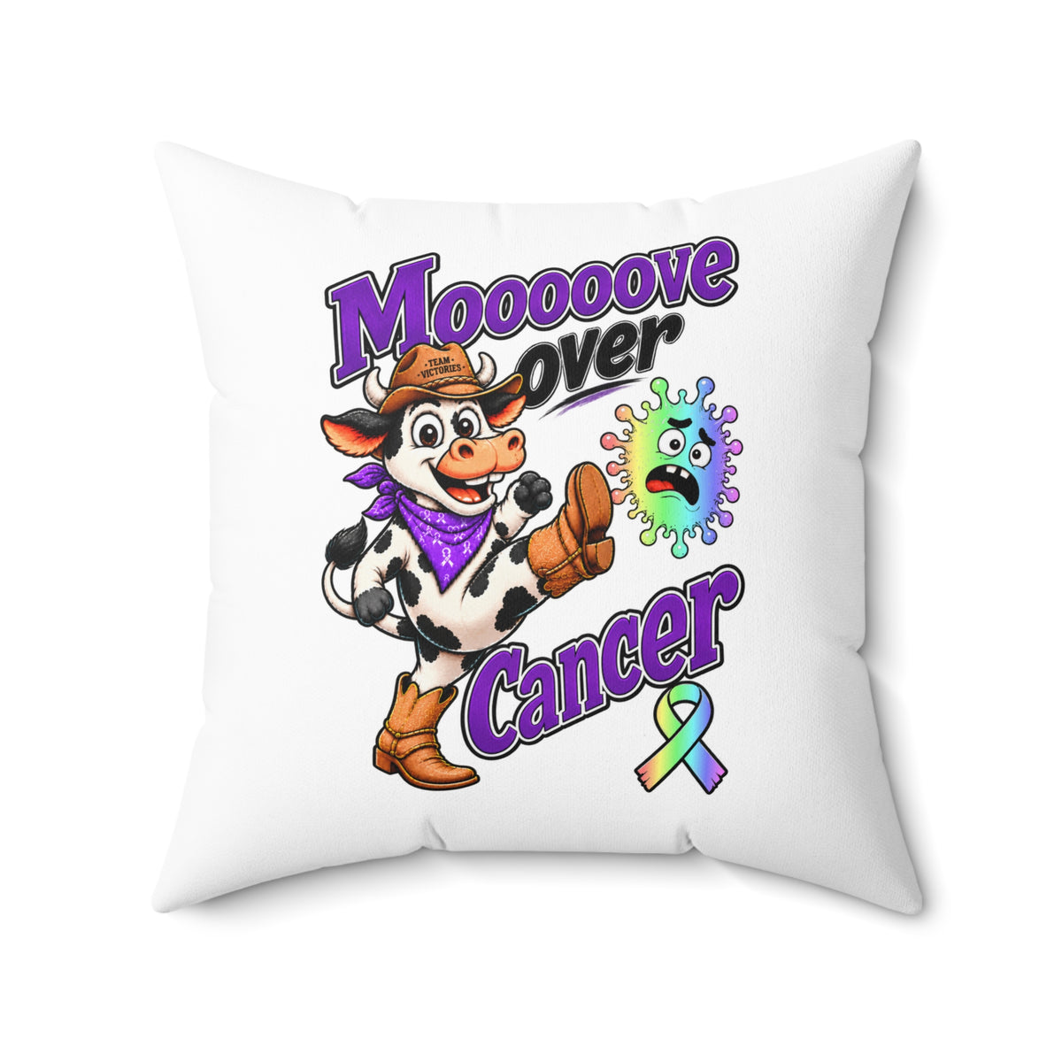 Close front view of Moooove Over Cancer pillow with colorful printed artwork
