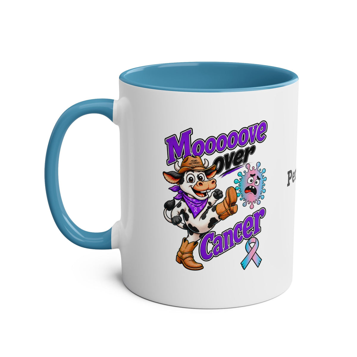Blue Moooove Over Cancer two-tone mug with Team Victories artwork