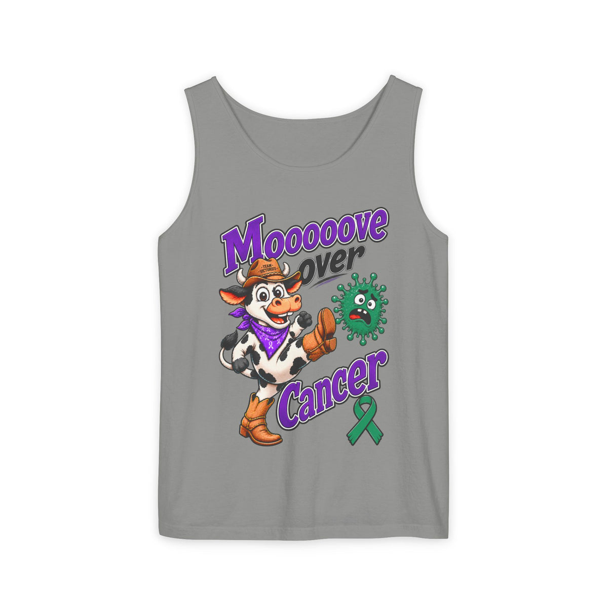 Gray Moooove Over Cancer tank top with colorful cow graphic and Liver Cancer awareness ribbon