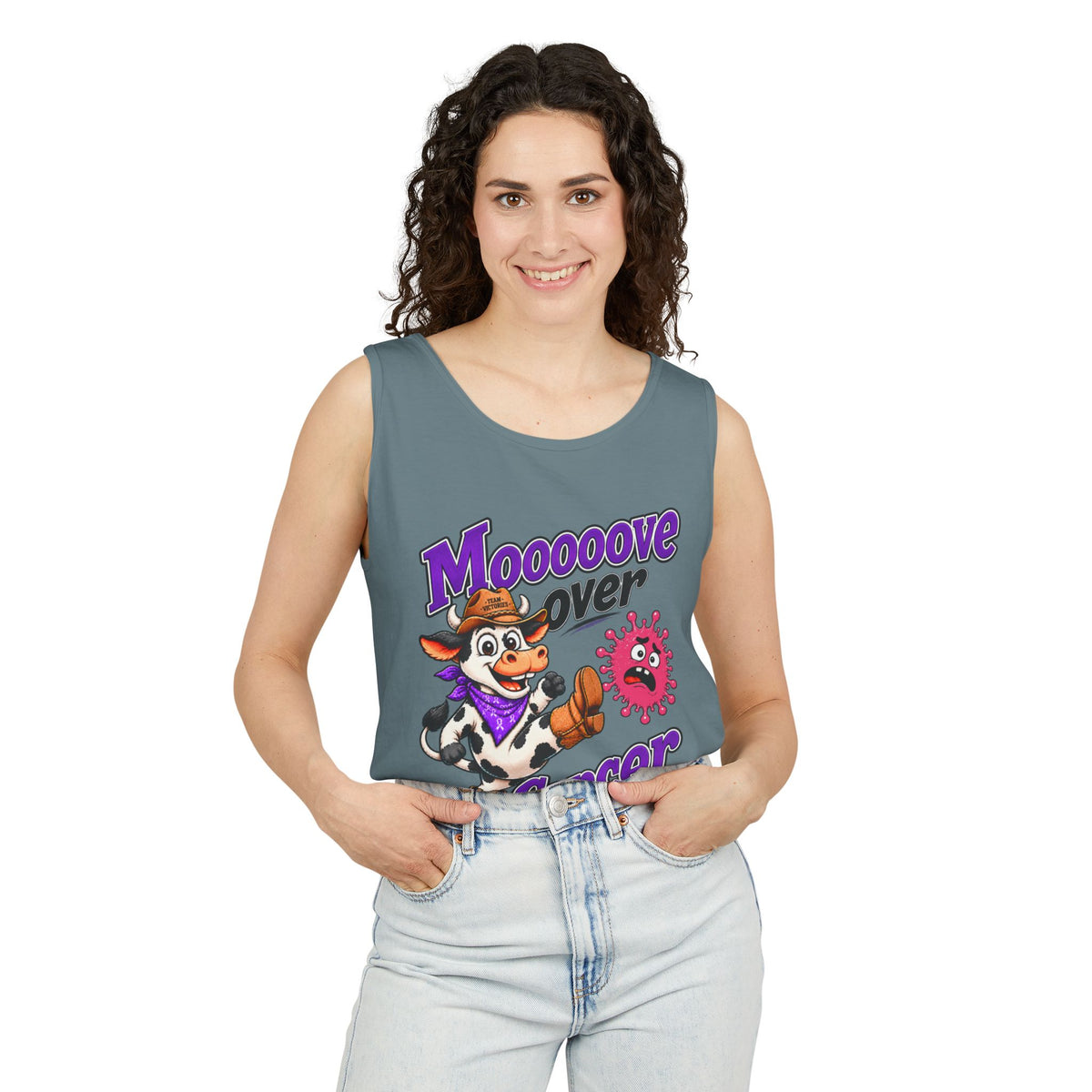 Man wearing black Moooove Over Cancer tank top with Breast Cancer awareness ribbon