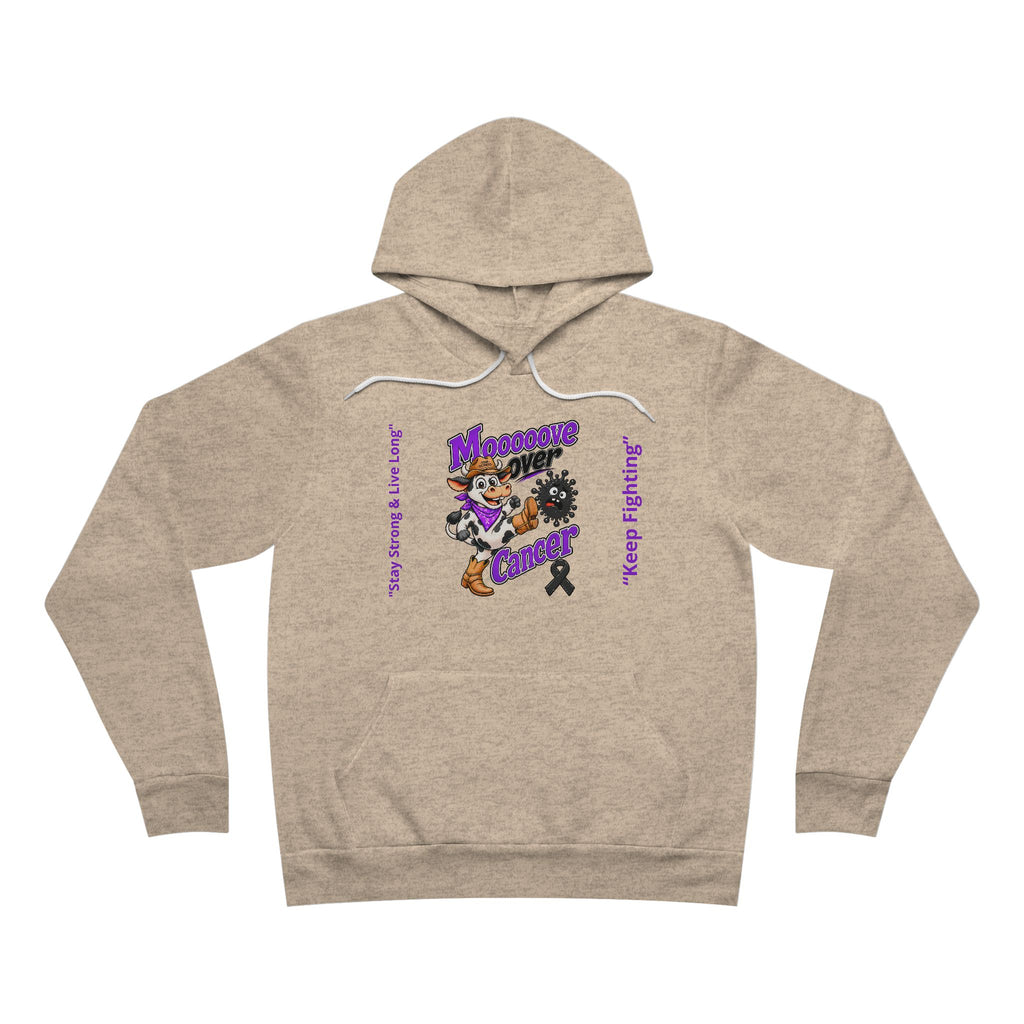 Moooove Over Cancer personalized pullover hoodie in tan with purple graphic and black ribbon