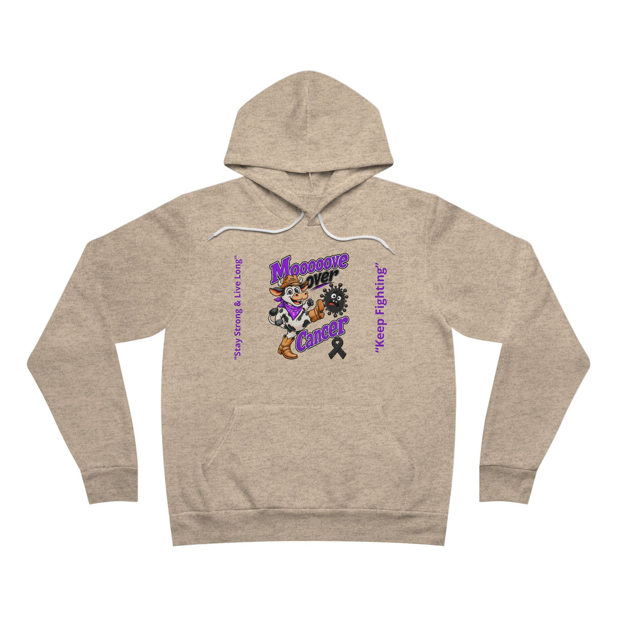 Moooove Over Cancer personalized pullover hoodie in tan with purple graphic and black ribbon