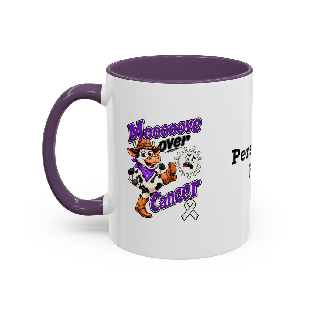 Moooove Over Cancer mug showing Team Victories ribbon artwork with purple handle
