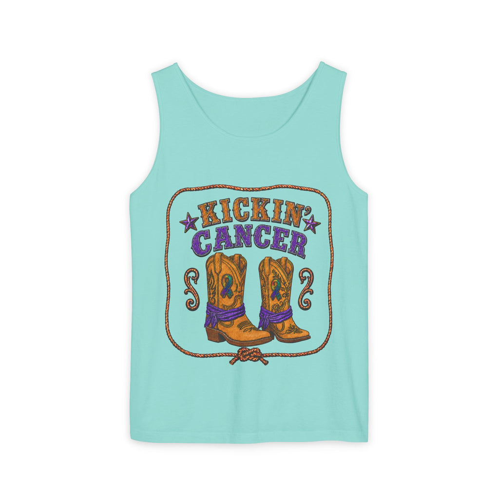 Aqua Kickin' Cancer tank top with Western boots and purple awareness ribbon