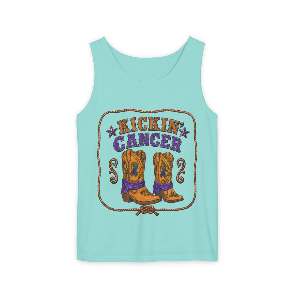 Aqua Kickin' Cancer tank top with Western boots and purple awareness ribbon
