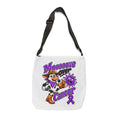 Moooove Over Cancer shoulder tote bag with colorful cow and purple ribbon artwork