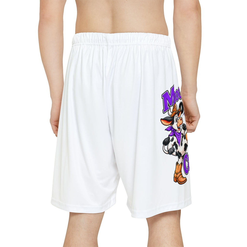 Side-back view of Moooove Over Cancer athletic shorts with cow graphic