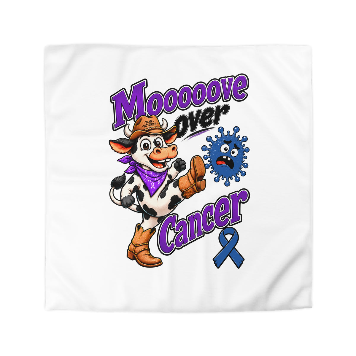Moooove Over Cancer duvet cover shown flat with Colon Cancer awareness ribbon