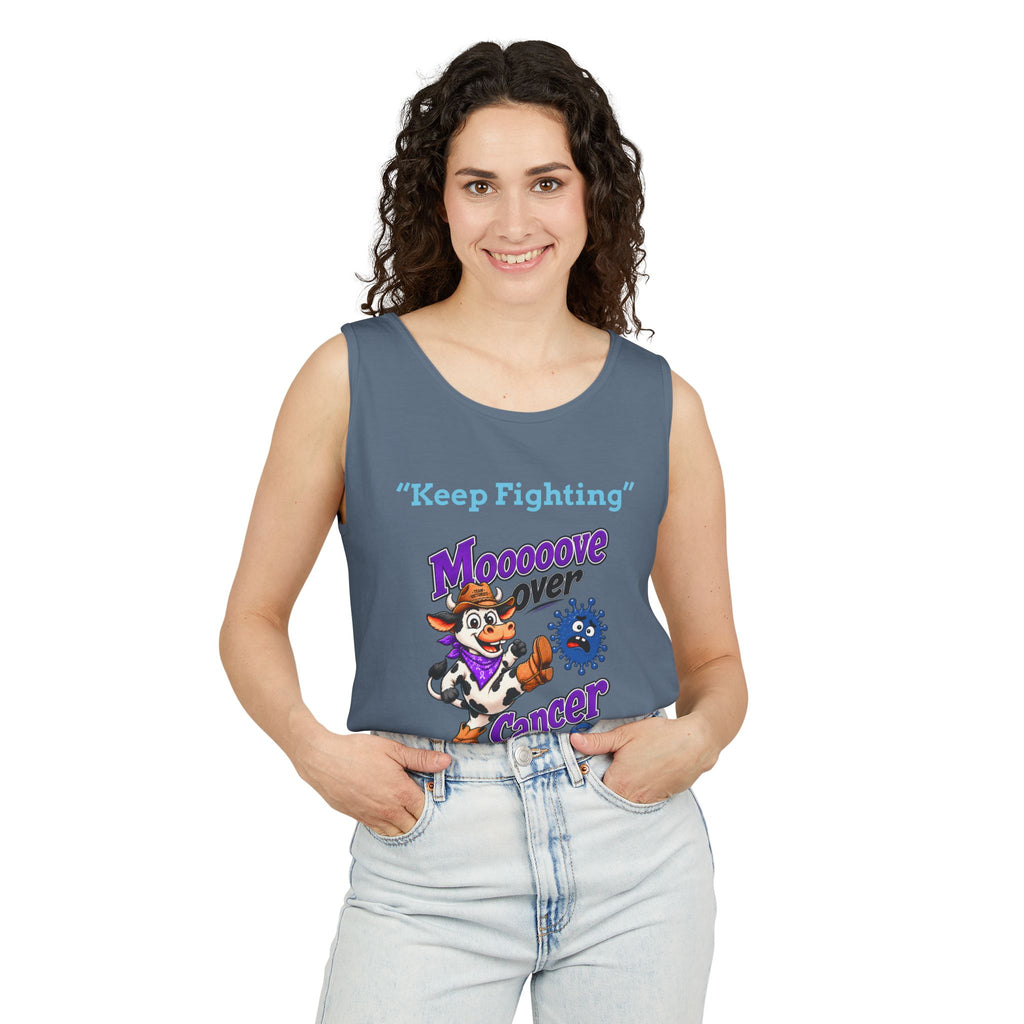 Man wearing gray-blue Moooove Over Cancer tank top with Keep Fighting message