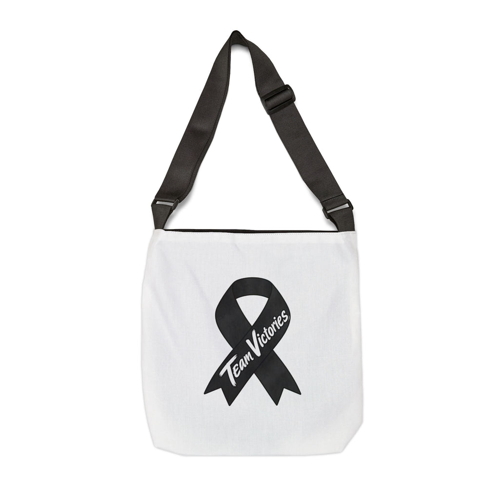 Back view of Team Victories tote featuring a Melanoma Cancer awareness ribbon