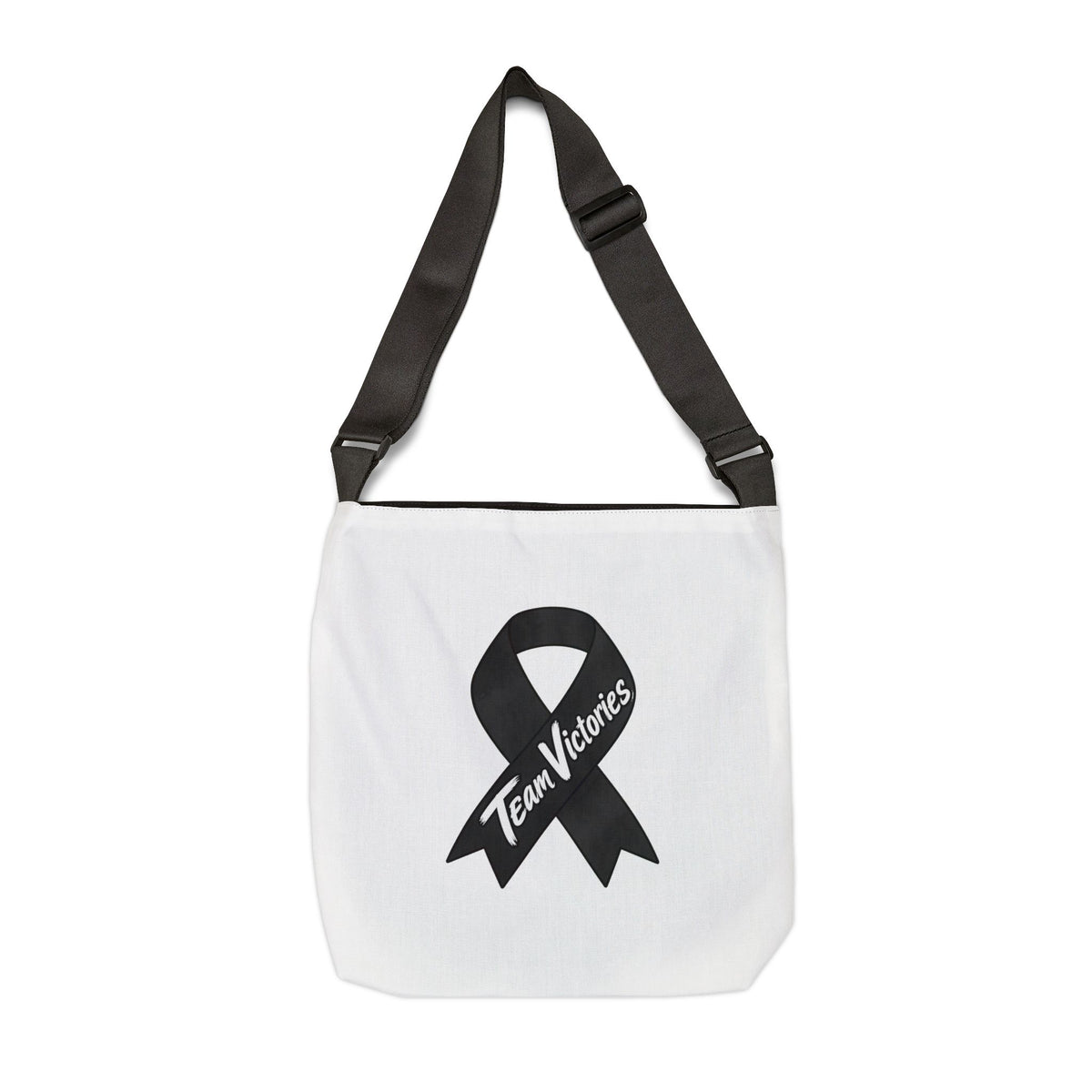 Back view of Team Victories tote featuring a Melanoma Cancer awareness ribbon