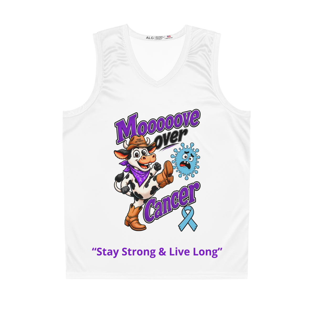 Moooove Over Cancer basketball jersey front with cow artwork, blue ribbon, and Stay Strong & Live Long slogan