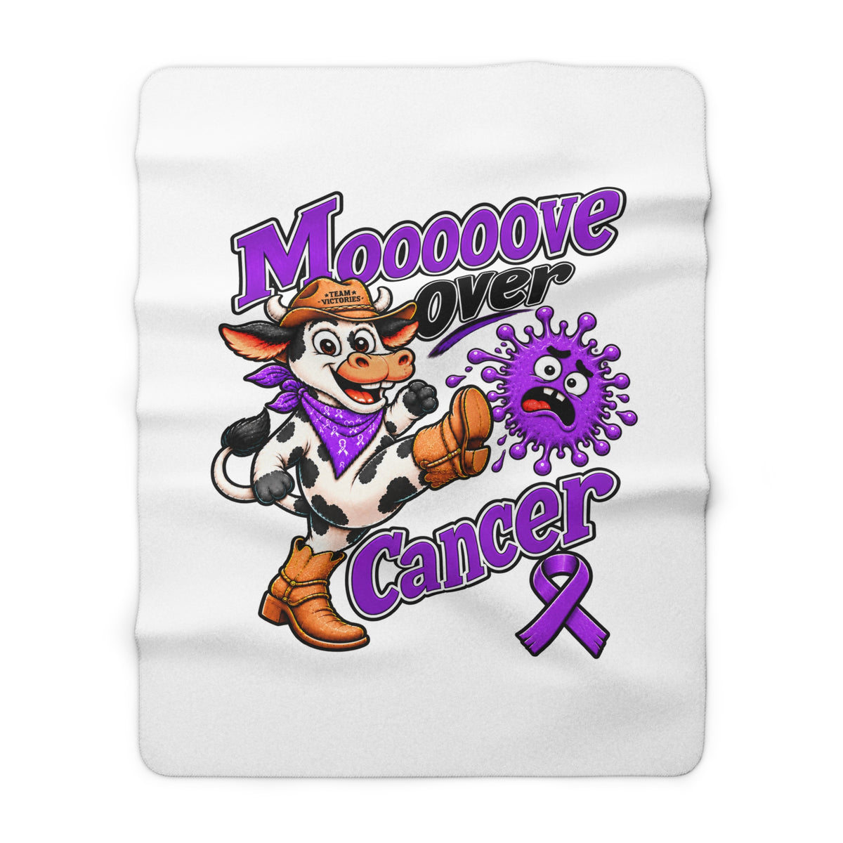 Moooove Over Cancer blanket showing playful cowgirl cow artwork and cancer character