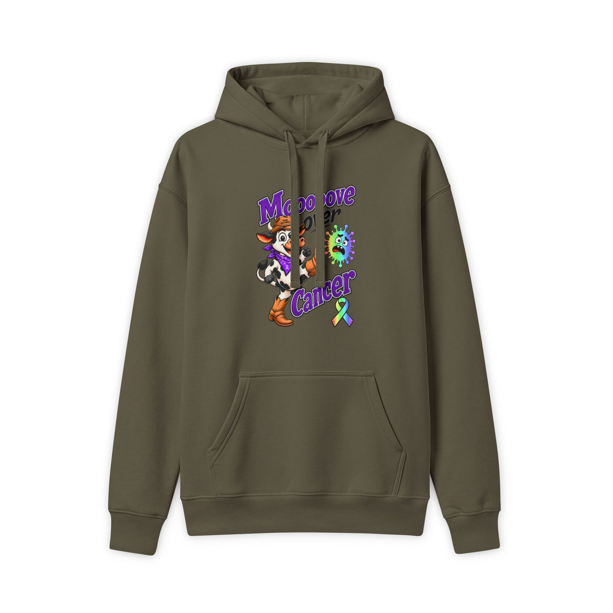 Olive Moooove Over Cancer pullover hoodie with all-cancer awareness ribbon design