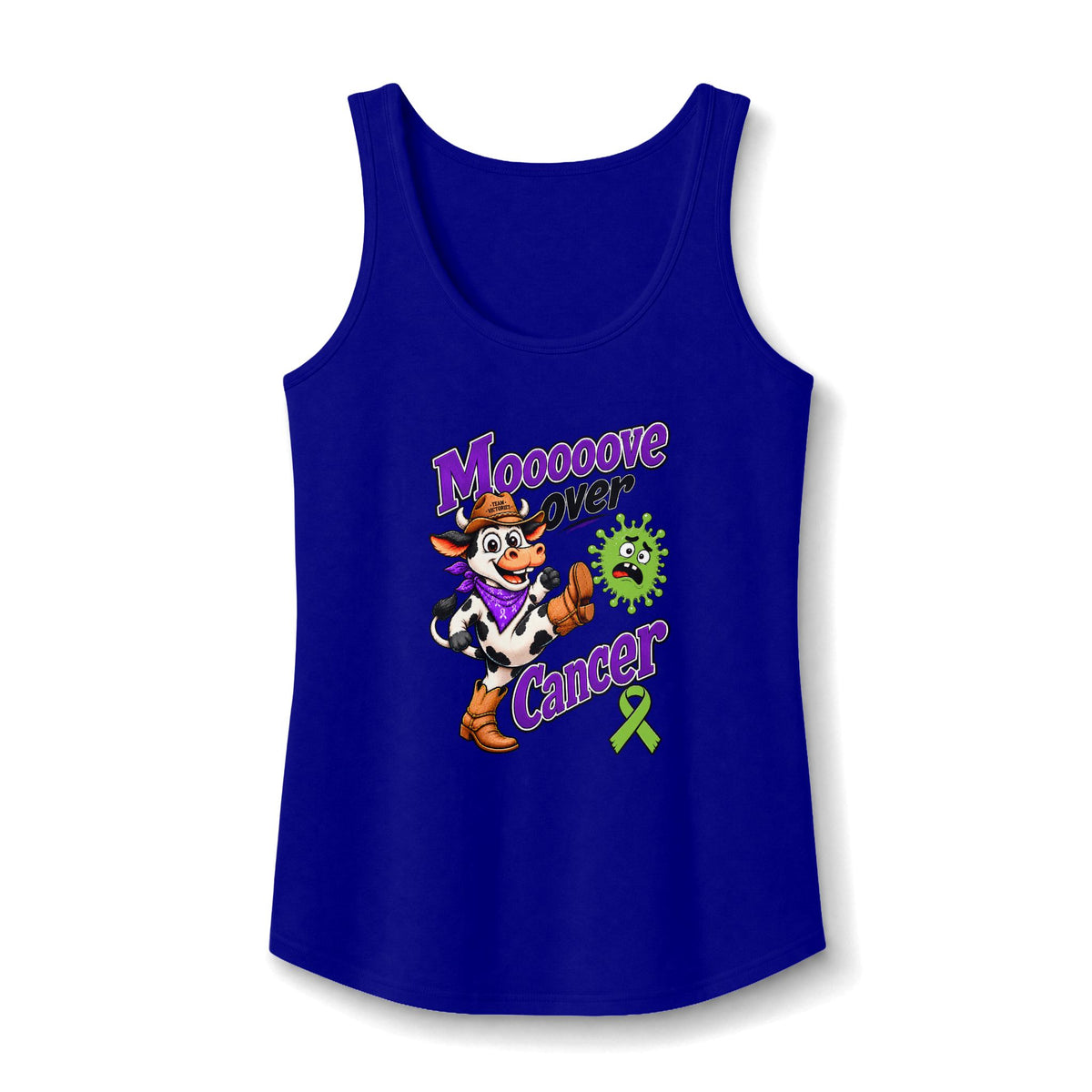 Moooove Over Cancer tank top in royal blue with cow graphic and lime Non-Hodgkin/Lymphoma Cancer awareness ribbon