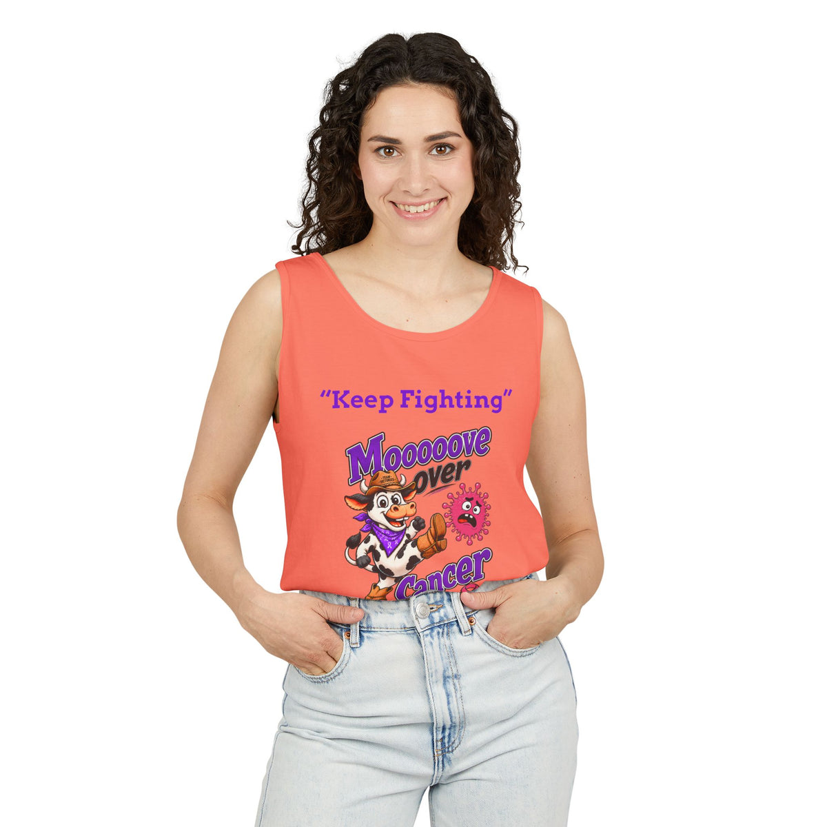 Man modeling cream Moooove Over Cancer tank top with Breast Cancer awareness ribbon
