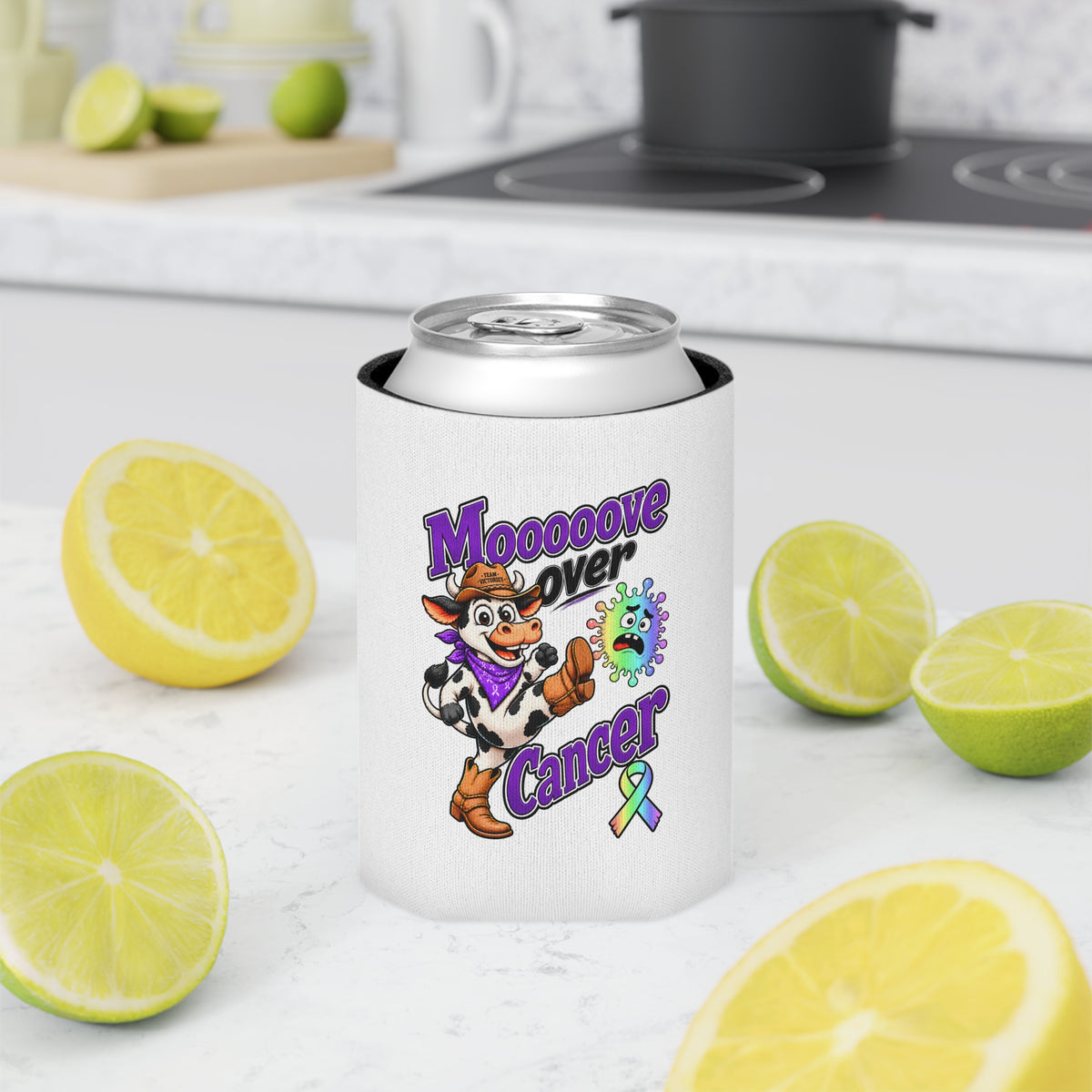 Moooove Over Cancer can cooler displayed on a kitchen counter with citrus