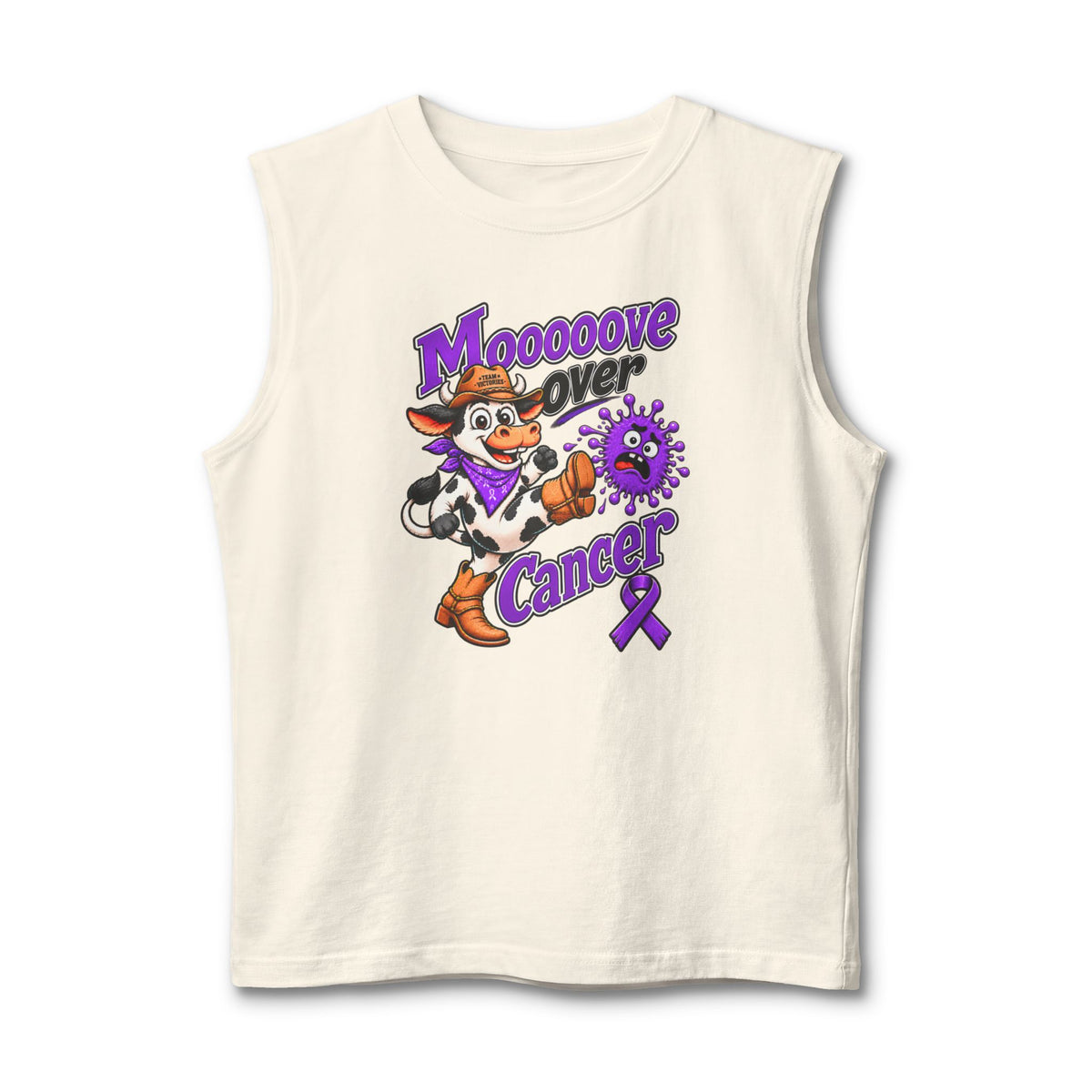 Cream Moooove Over Cancer tank top with Pancreatic Cancer awareness ribbon graphic
