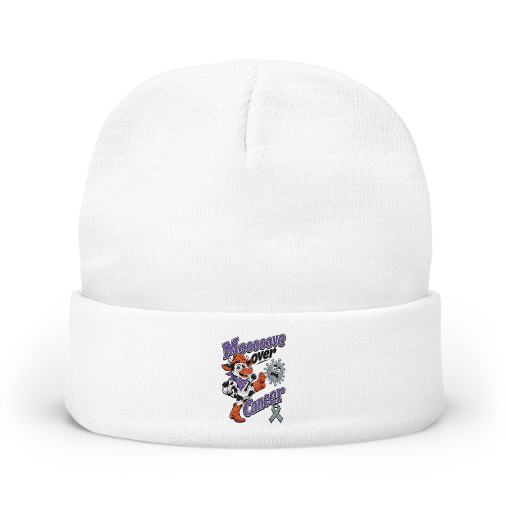 White Moooove Over Cancer beanie with embroidered cow and awareness ribbon