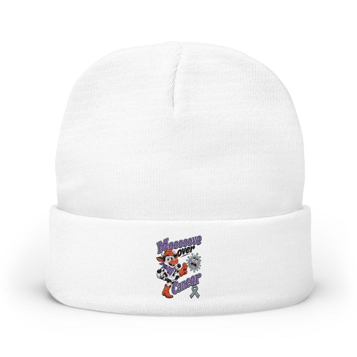 White Moooove Over Cancer beanie with embroidered cow and awareness ribbon