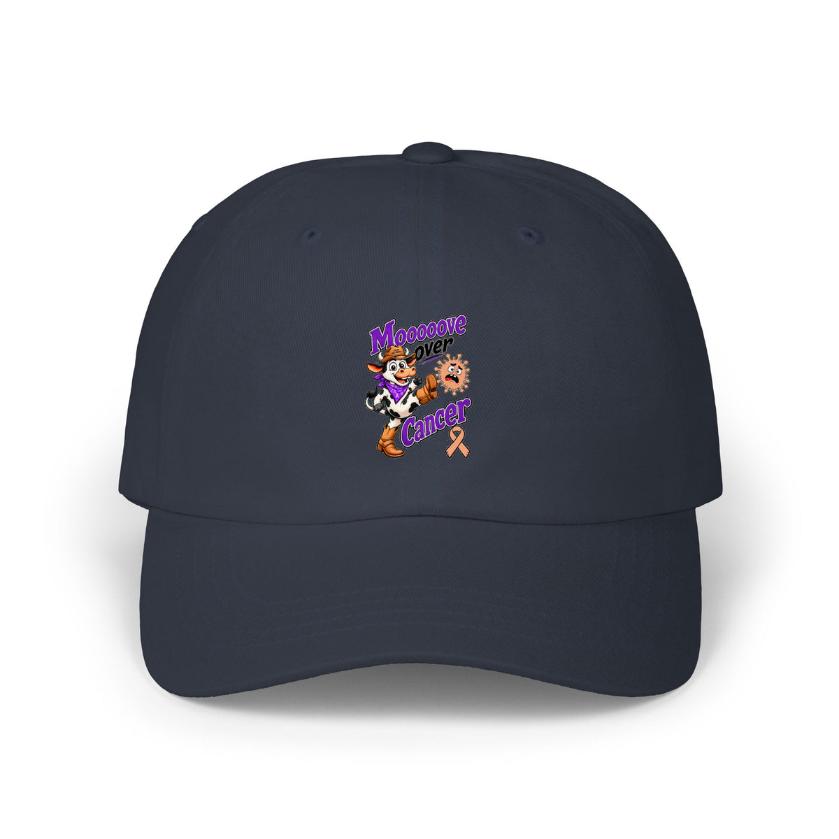 Moooove Over Cancer camouflage dad cap with Uterine Cancer awareness ribbon artwork