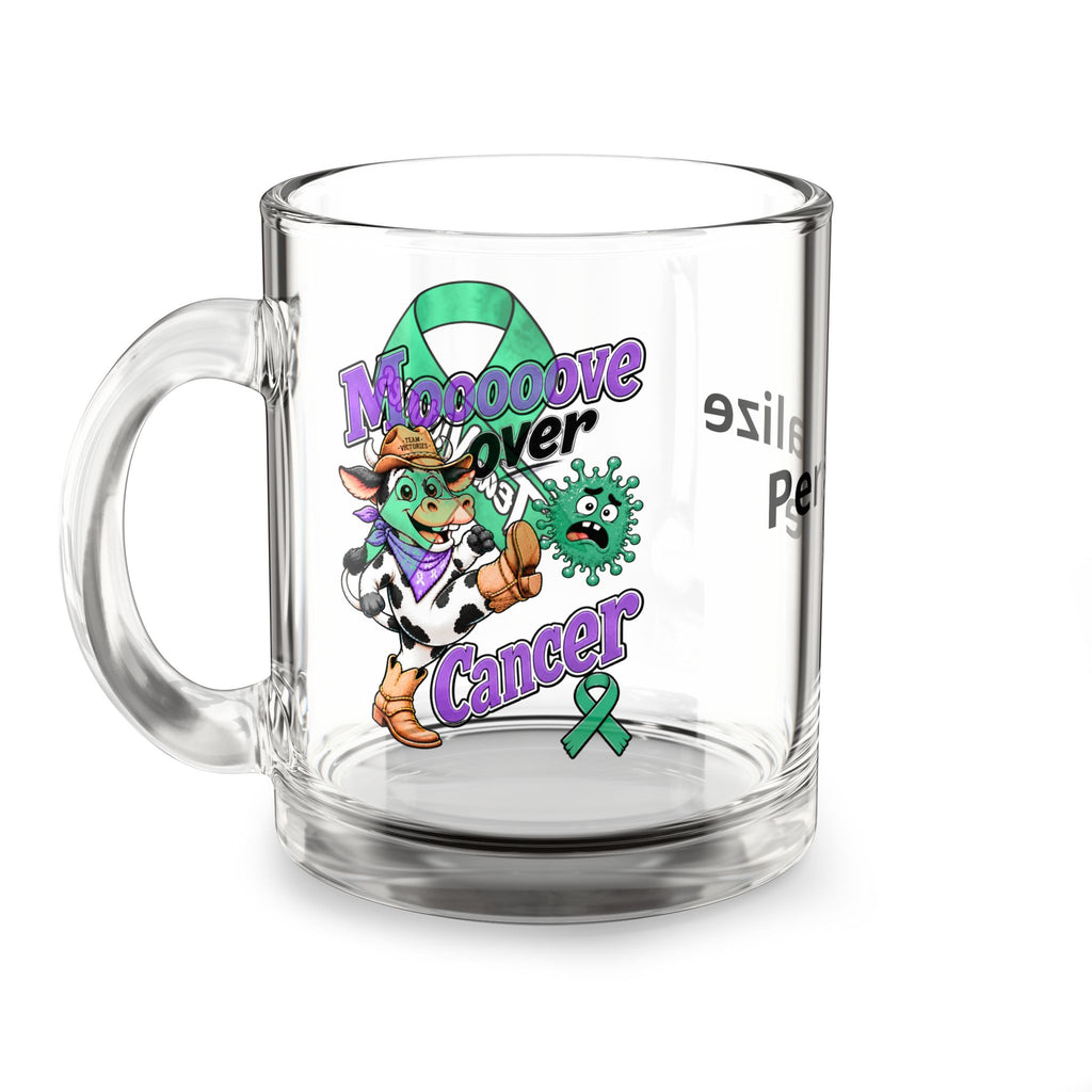 Moooove Over Cancer 10 oz glass mug with a green Liver Cancer awareness ribbon design