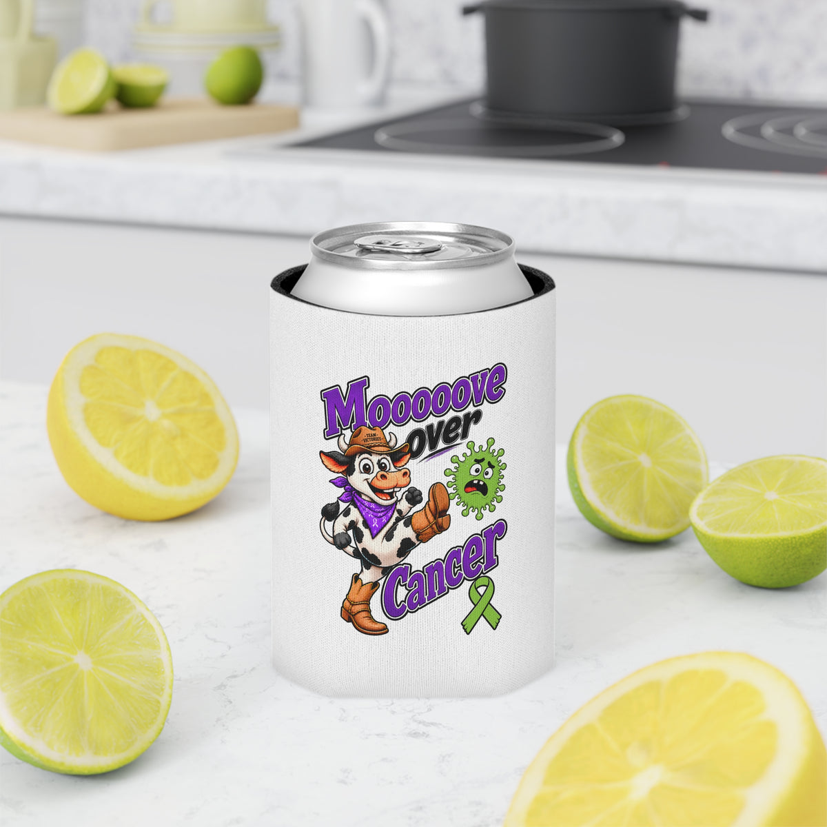 Moooove Over Cancer can cooler shown on a kitchen counter with citrus fruit