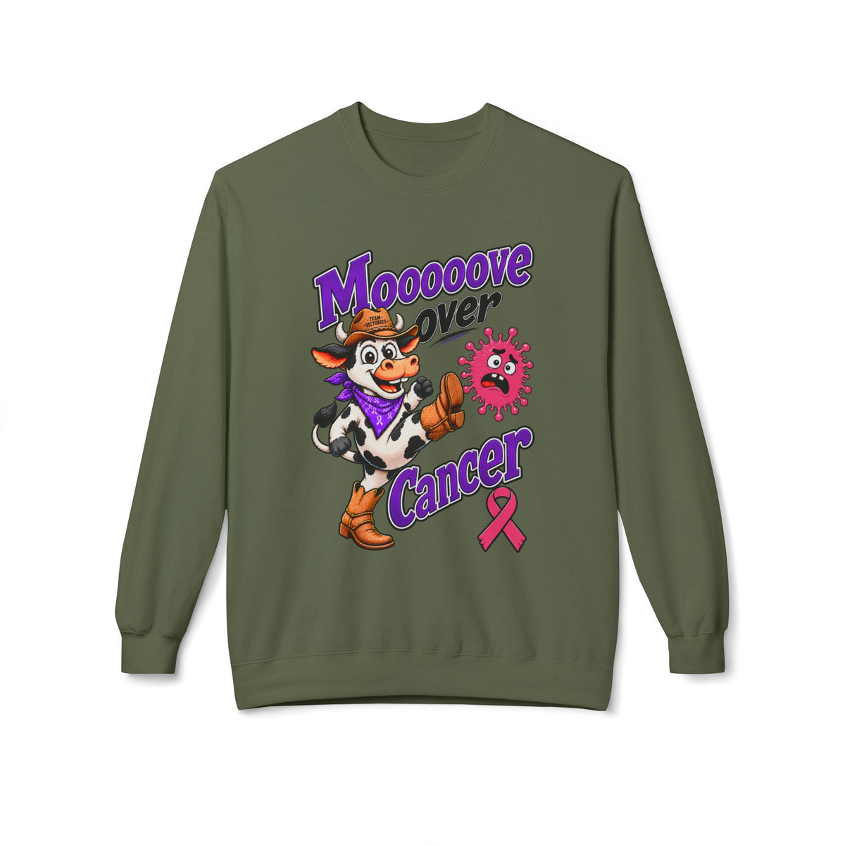 Brown Moooove Over Cancer sweatshirt featuring cow artwork and pink Breast Cancer awareness ribbon