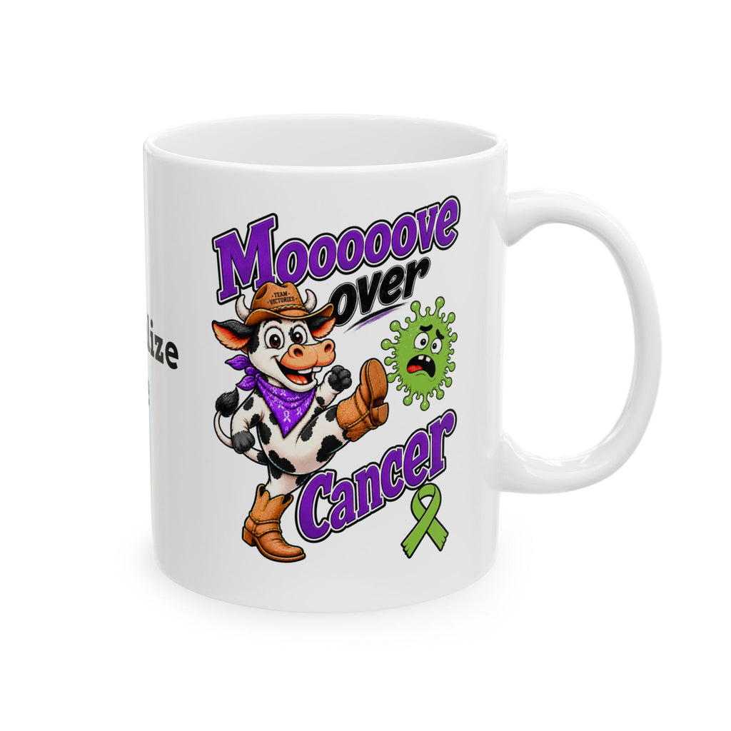 Moooove Over Cancer ceramic mug with cow artwork and Non-Hodgkin/Lymphoma Cancer awareness ribbon