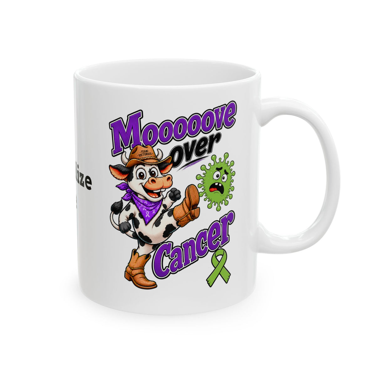 Moooove Over Cancer ceramic mug with cow artwork and Non-Hodgkin/Lymphoma Cancer awareness ribbon